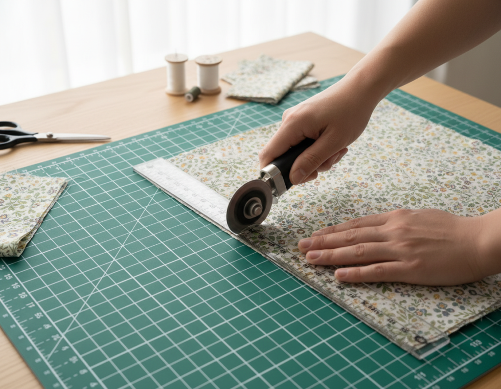 hands cutting fabric with rotary cutter for tote bag