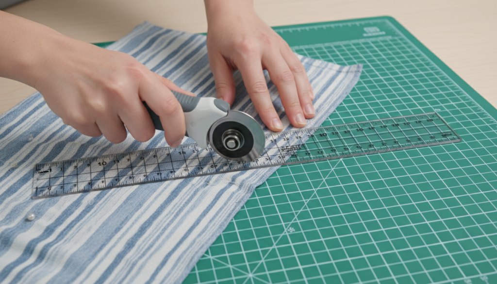 hands cutting fabric with rotary cutter on cutting mat