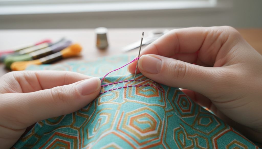 hands demonstrating backstitch technique on colorful fabric