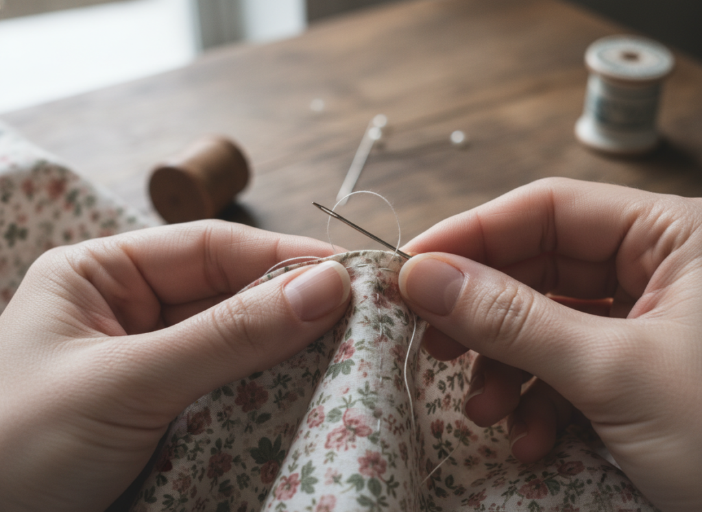 hands demonstrating basic sewing technique on fabric