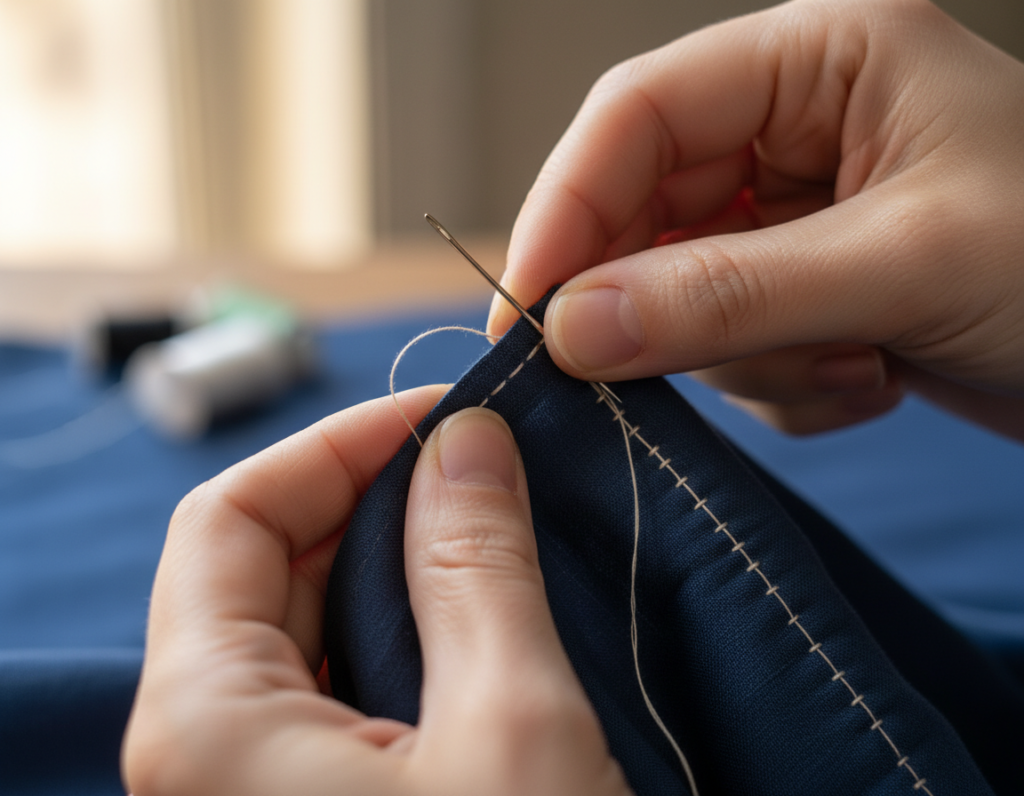hands demonstrating proper hand sewing technique with good lighting and tension hands demonstrating proper hand sewing technique with good lighting and tension