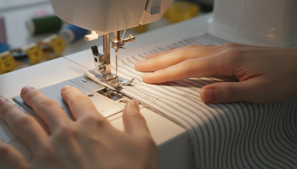 hands demonstrating sewing technique with fabric and machine