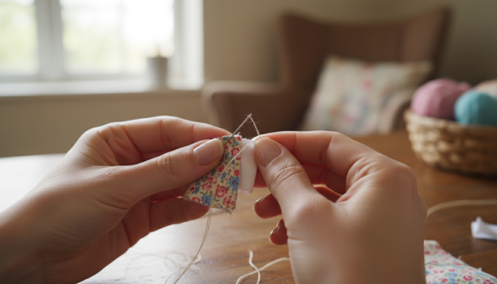 hands sewing barbie clothes by hand with needle and thread