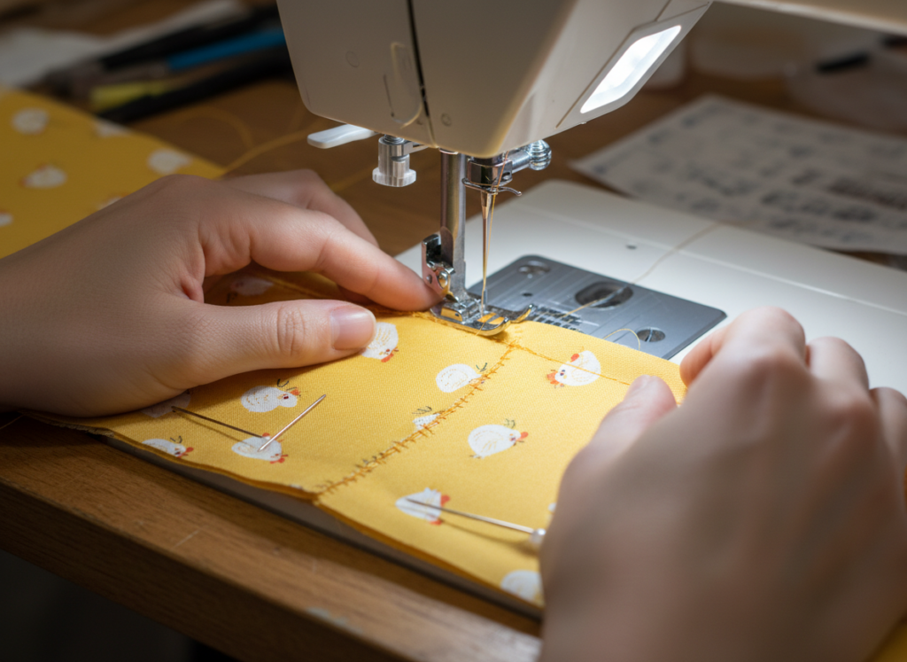 hands sewing chicken plush body on machine showing proper technique