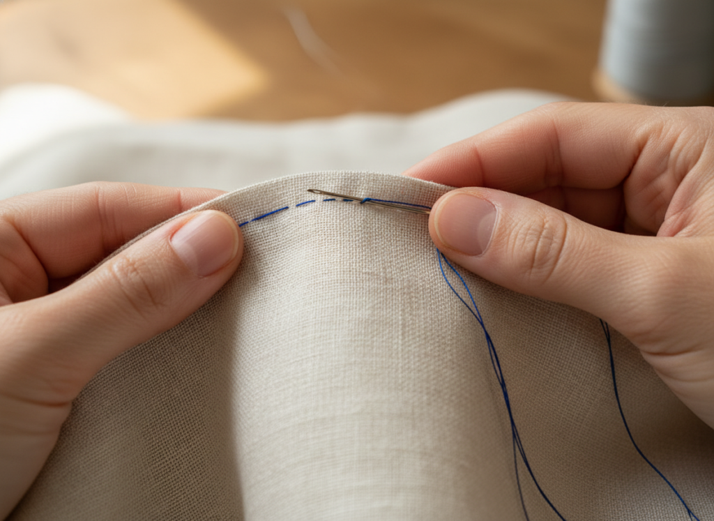 hands sewing curved seam on fabric