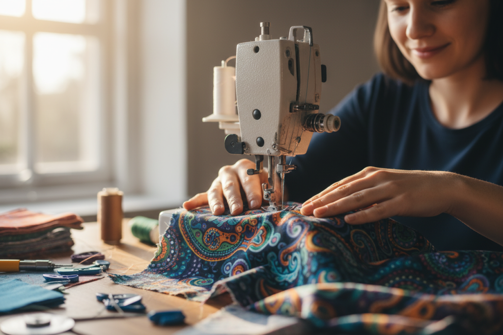 hands sewing fabric on machine showing the joy of creating