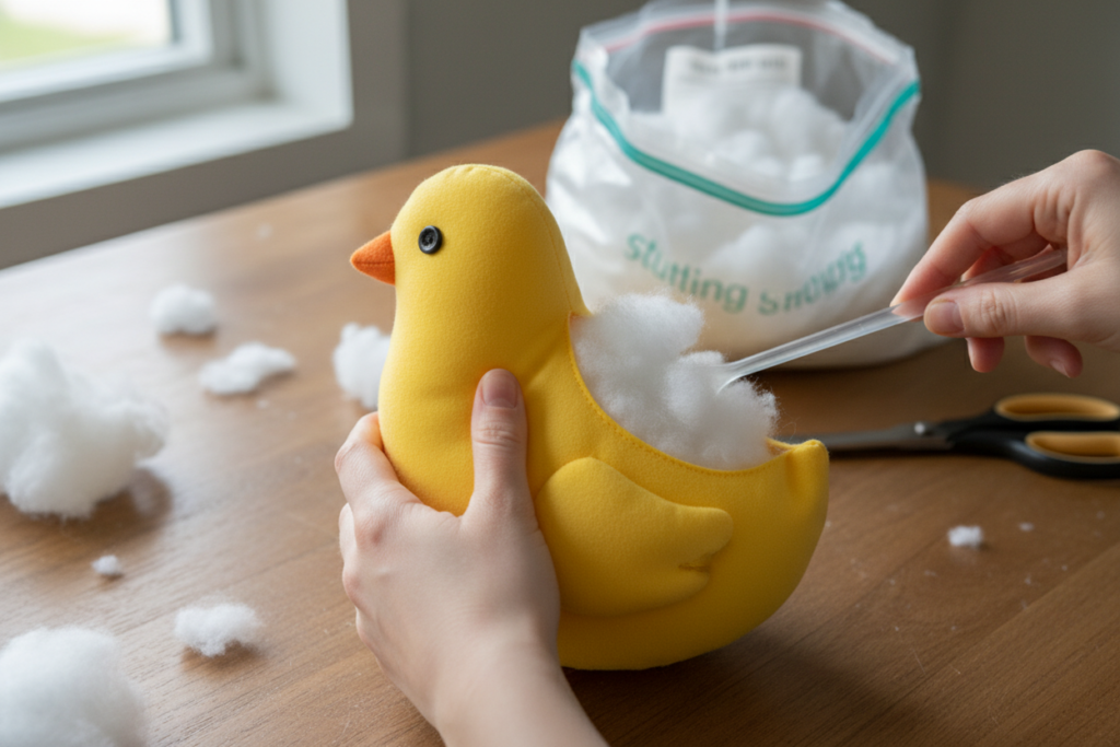 hands stuffing chicken plush toy with fiberfill showing proper technique