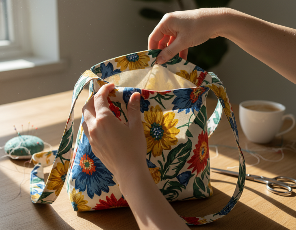 hands turning finished tote bag right side out