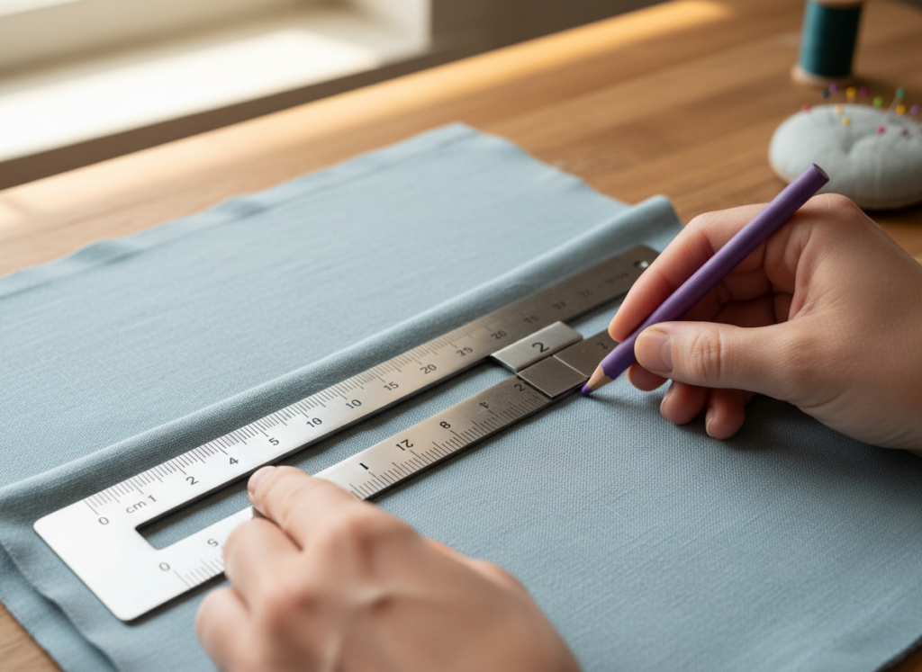 hands using hem gauge to measure and mark fabric hem