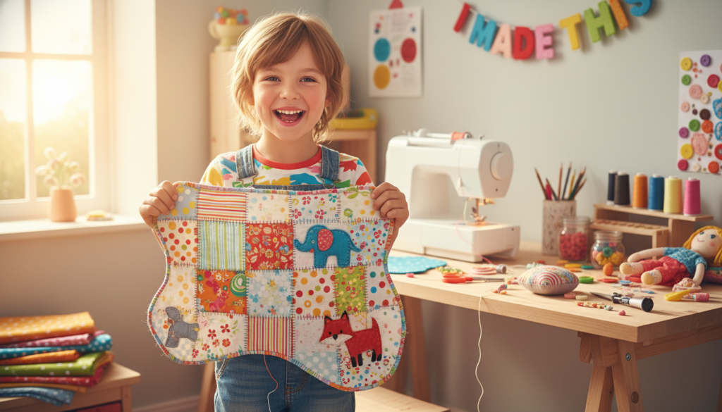 happy child showing off completed sewing project
