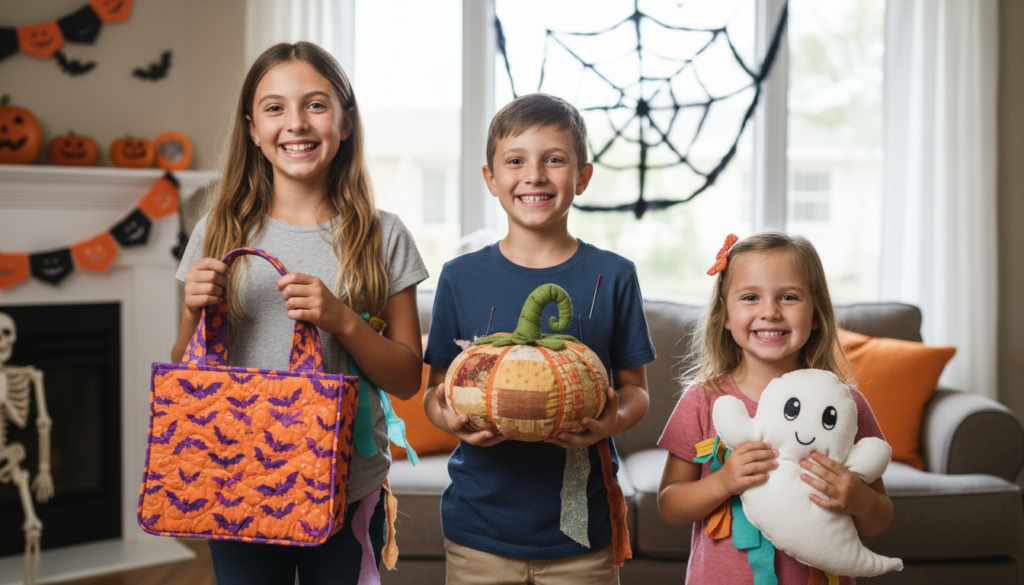 happy children showing off their completed halloween sewing projects