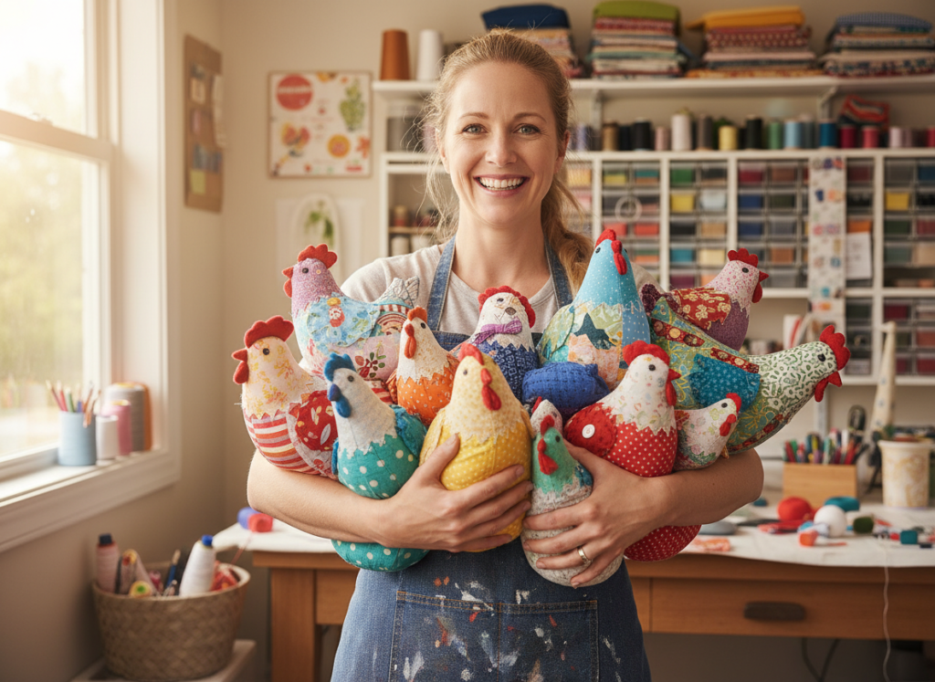 happy crafter holding finished collection of handmade stuffed chickens