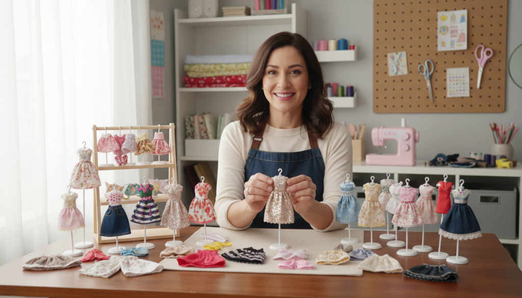 happy crafter with completed barbie clothes collection