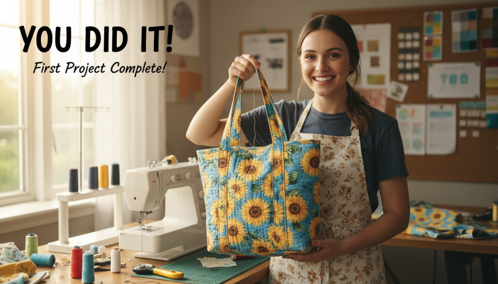 happy person holding completed first sewing project