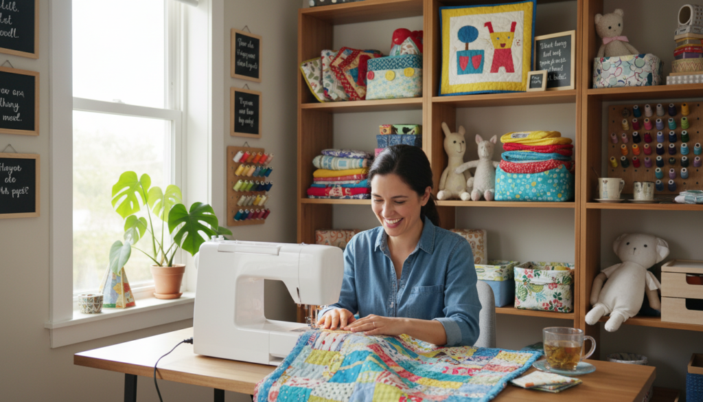 happy person sewing at machine with completed projects nearby