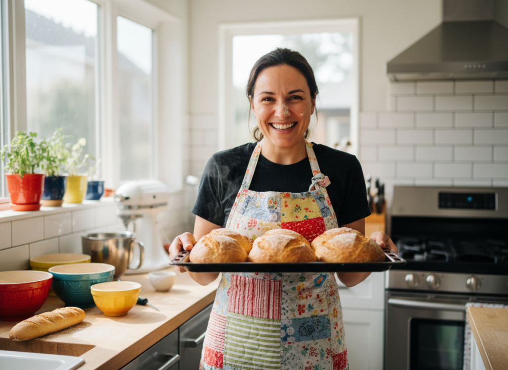 happy person wearing handmade apron in kitchen