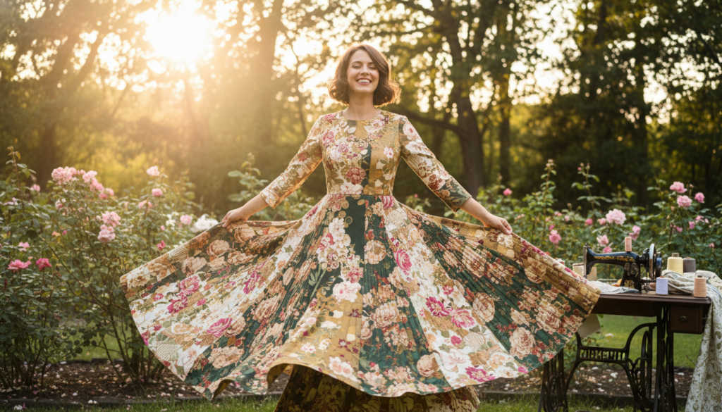 happy person wearing handmade dress