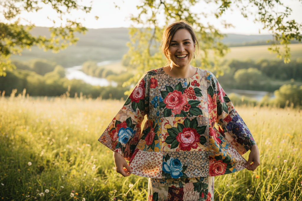 happy sewist wearing handmade top with pride