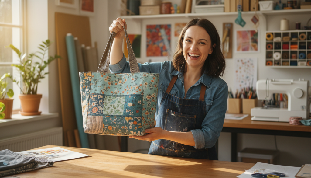 happy woman showing off completed sewing project