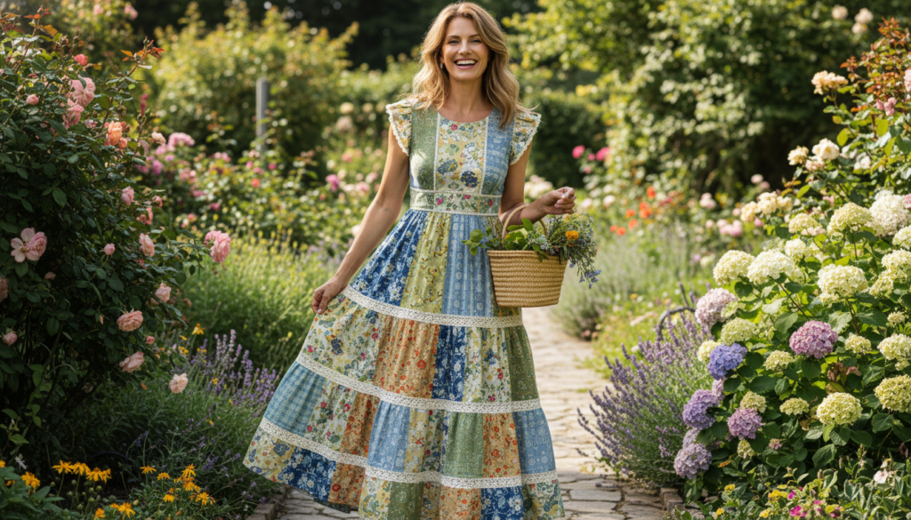 happy woman wearing completed handmade summer dress