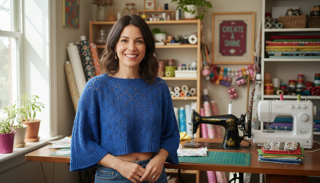 happy woman wearing handmade top she created with sewing pattern
