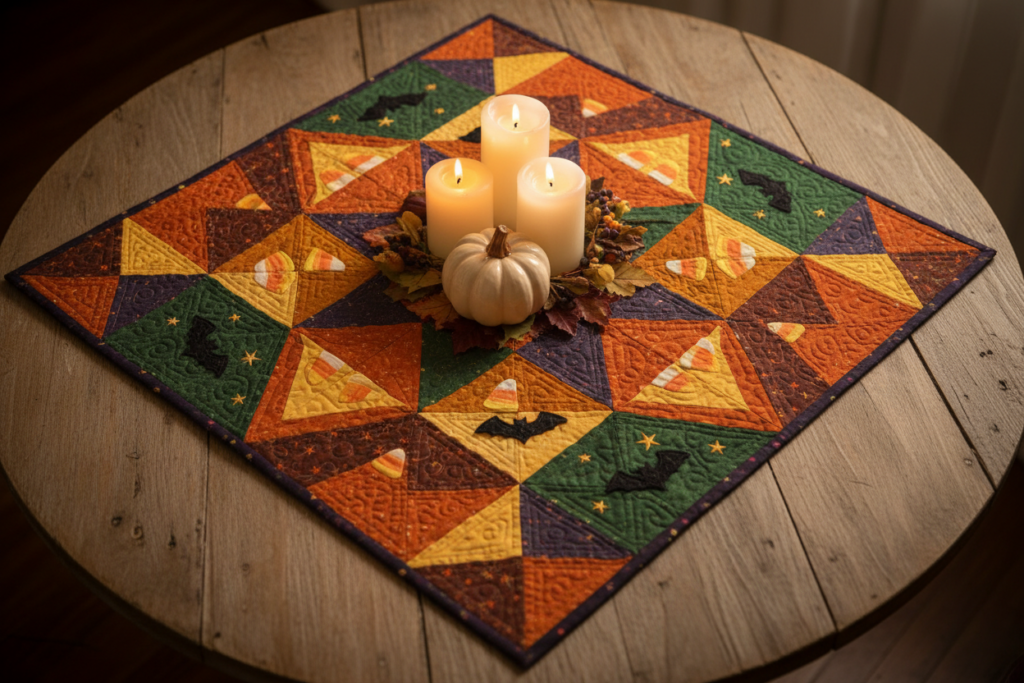 hexagon table topper with halloween applique decorations