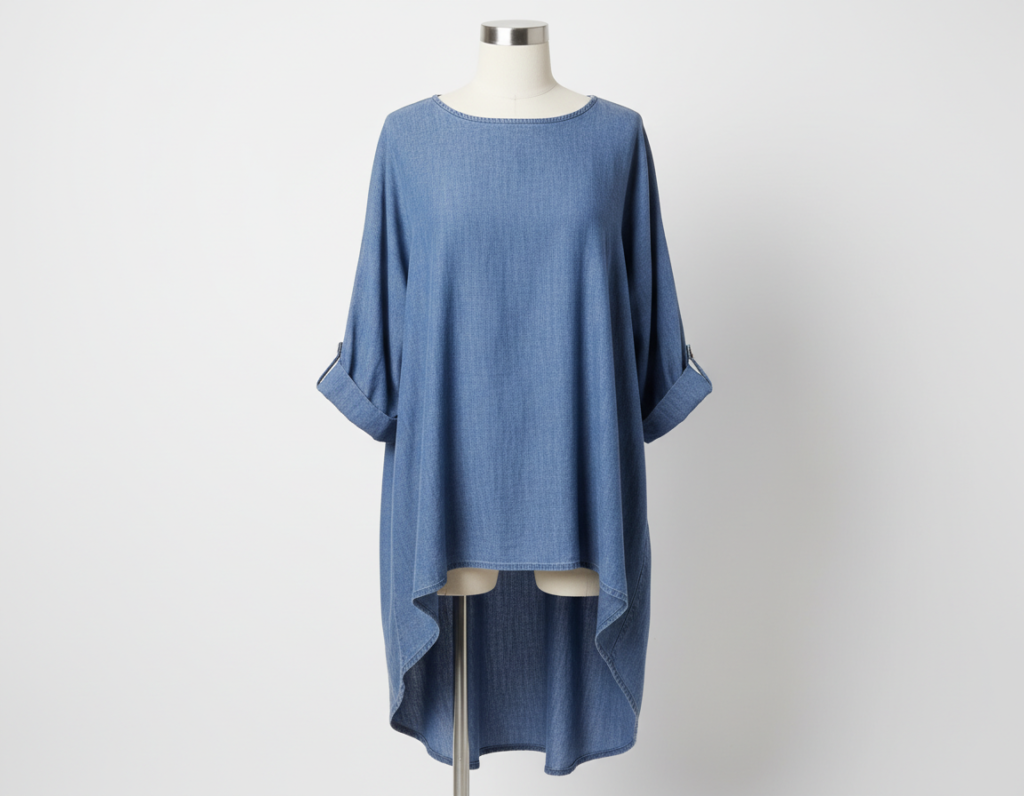 high-low hem tunic in chambray with curved hemline