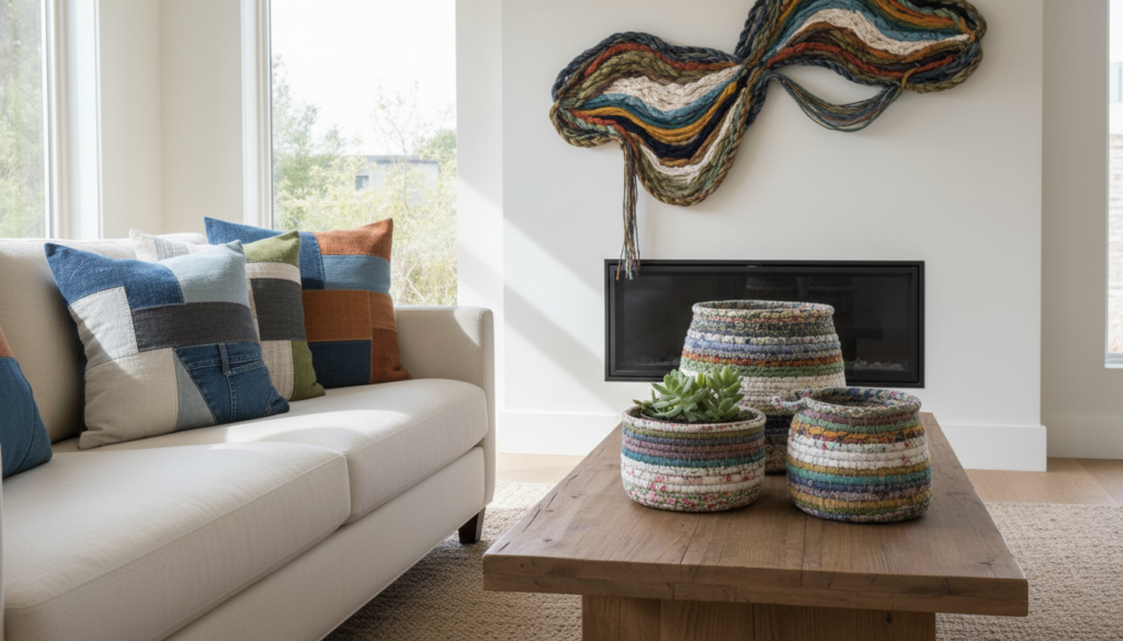 home decor items made from upcycled clothing displayed in living room