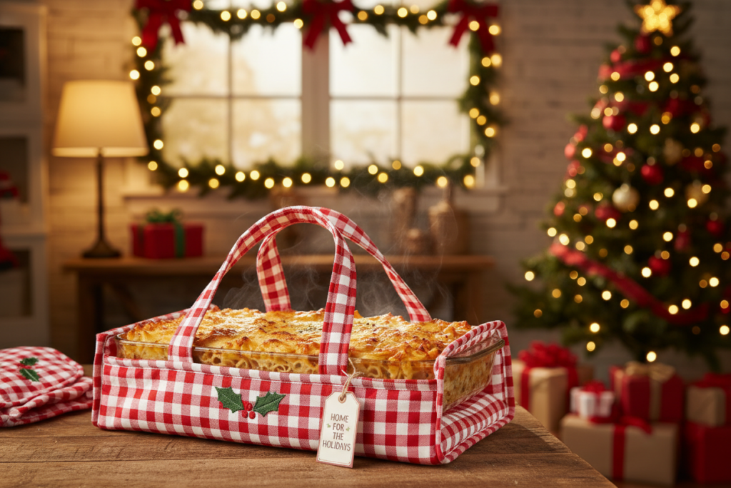 insulated casserole carrier sewn gift for bringing dishes to Christmas gatherings