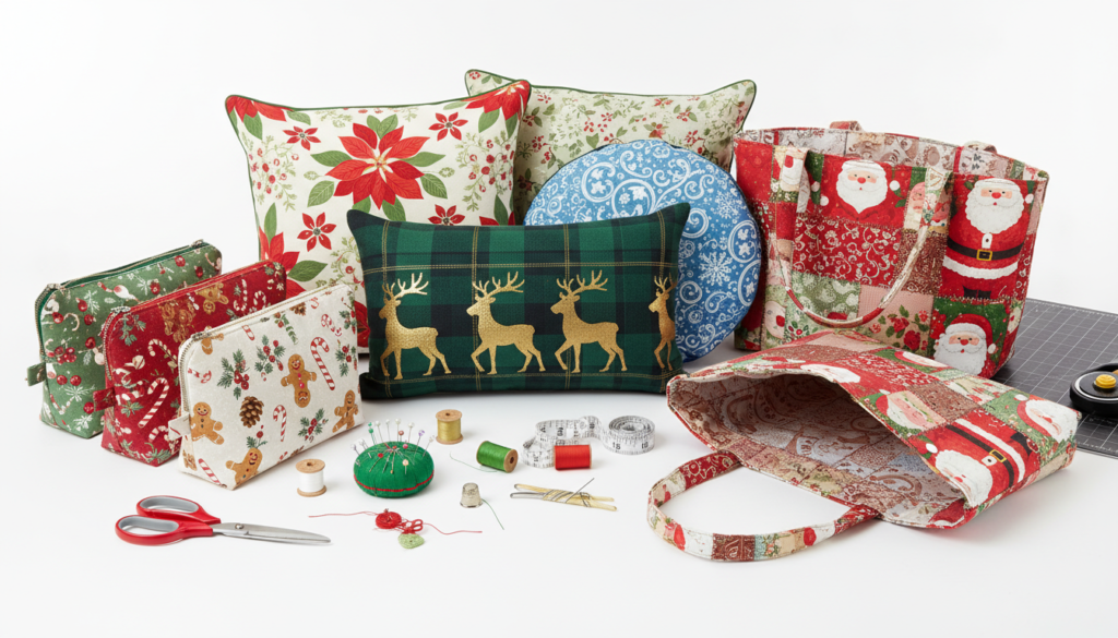 intermediate sewing projects including zipper pouches and tote bags for Christmas gifts