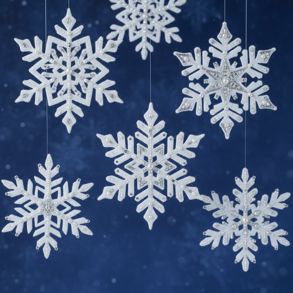 intricate white felt snowflake ornaments with detailed cutwork