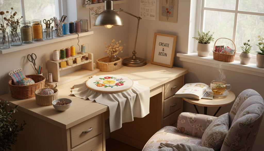 inviting hand sewing workspace with supplies ready and beginner project in progress inviting hand sewing workspace with supplies ready and beginner project in progress