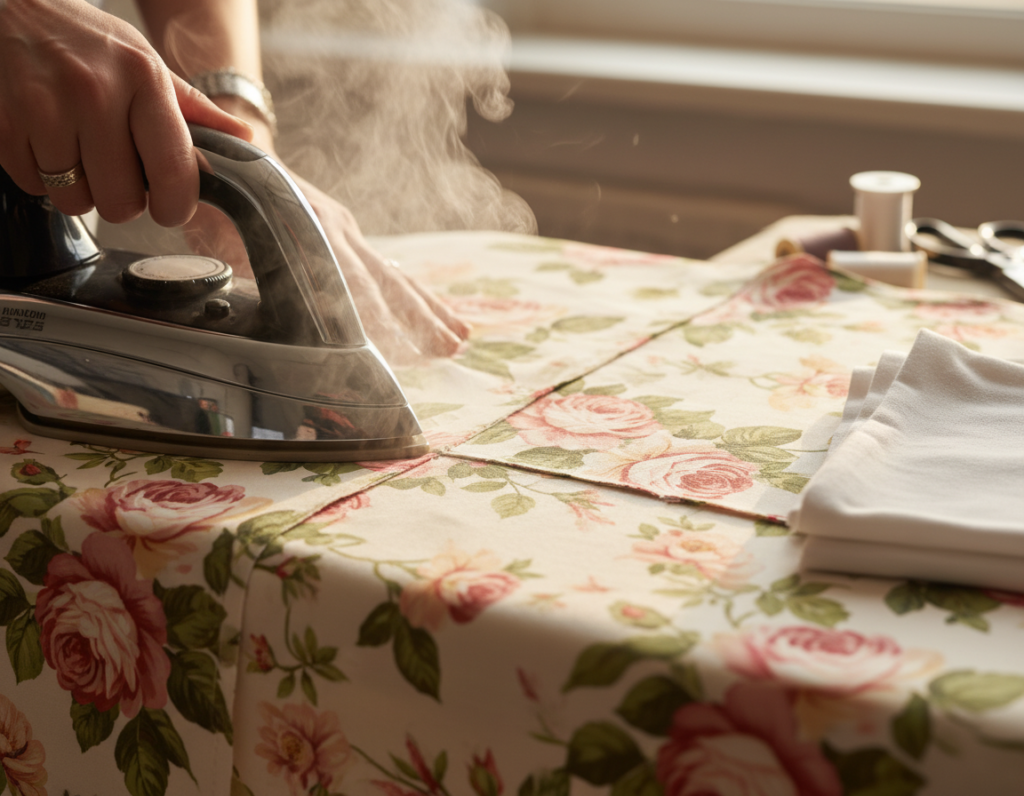 iron pressing seam flat on ironing board