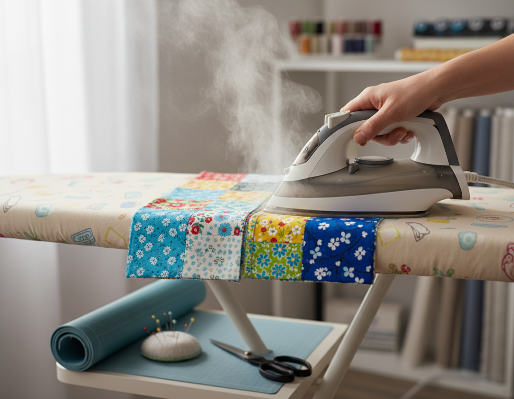 iron pressing sewn seam on fabric