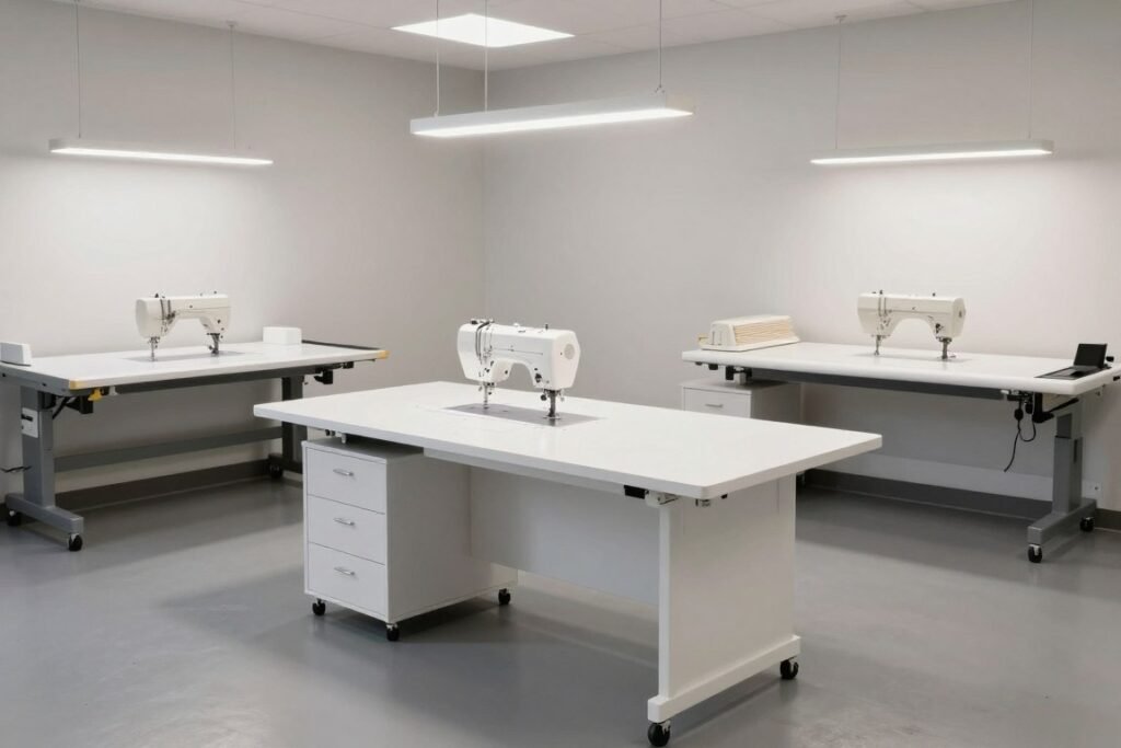 island sewing workstation configuration in center of room