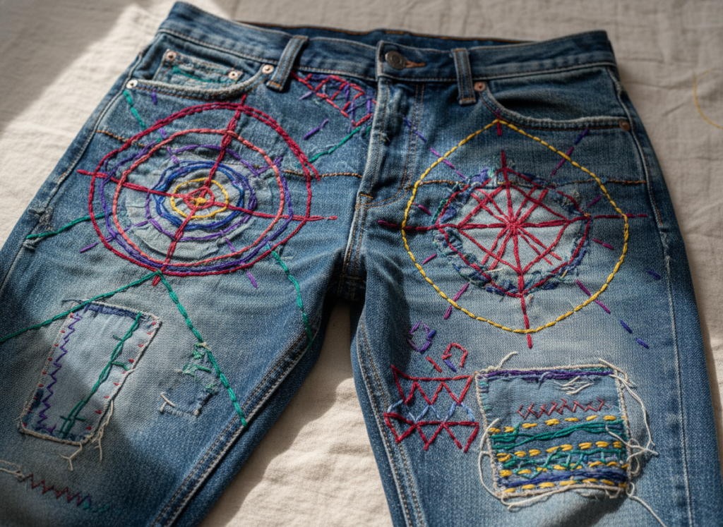 jeans with colorful visible mending patches showing sashiko stitching