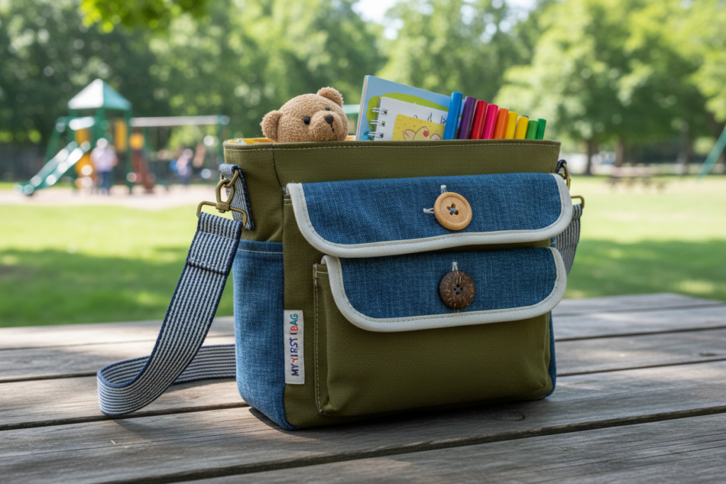 kids beginner messenger bag sewing project with adjustable strap