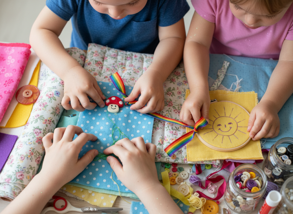 kids personalizing sewing projects with decorations