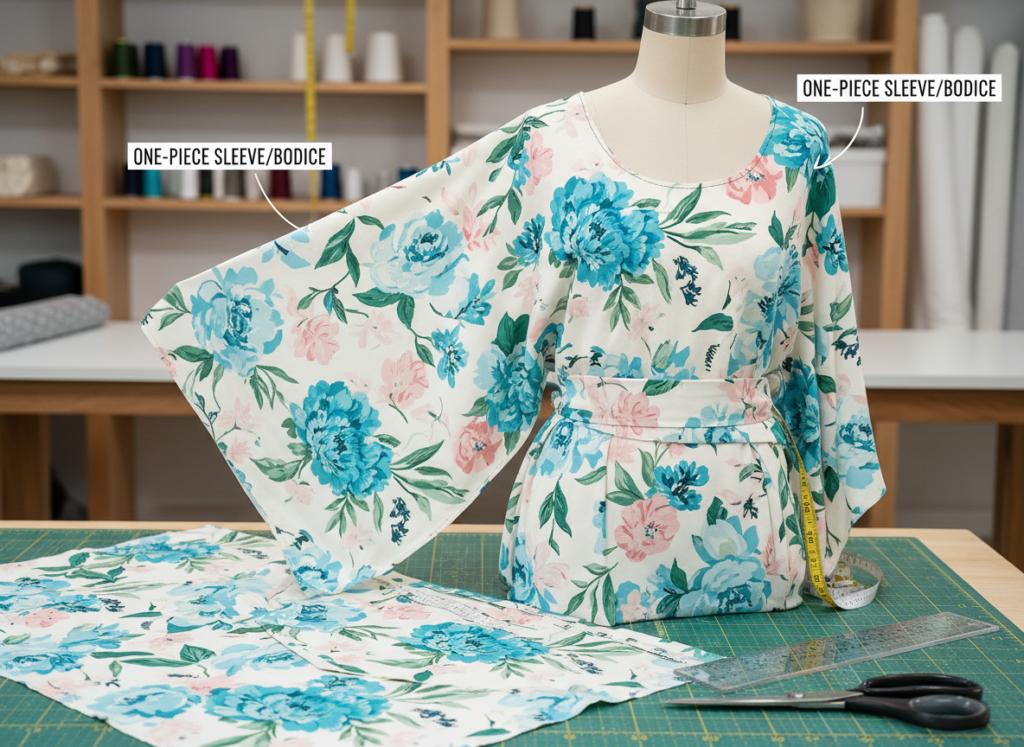 kimono sleeve top showing wide sleeve construction and pattern layout