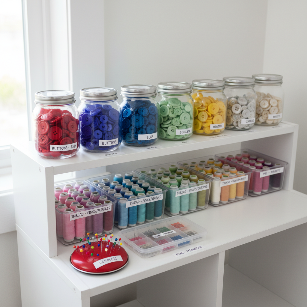 labeled clear storage containers for kids sewing notions and supplies