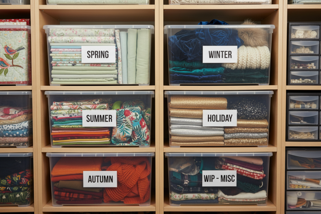 labeled storage bins for seasonal fabrics and projects