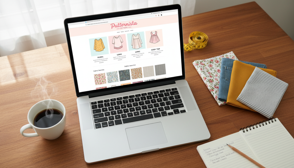 laptop displaying sewing pattern website with fabric swatches