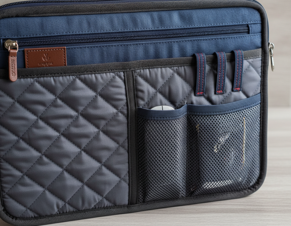 laptop sleeve construction showing interior padding and organization pockets
