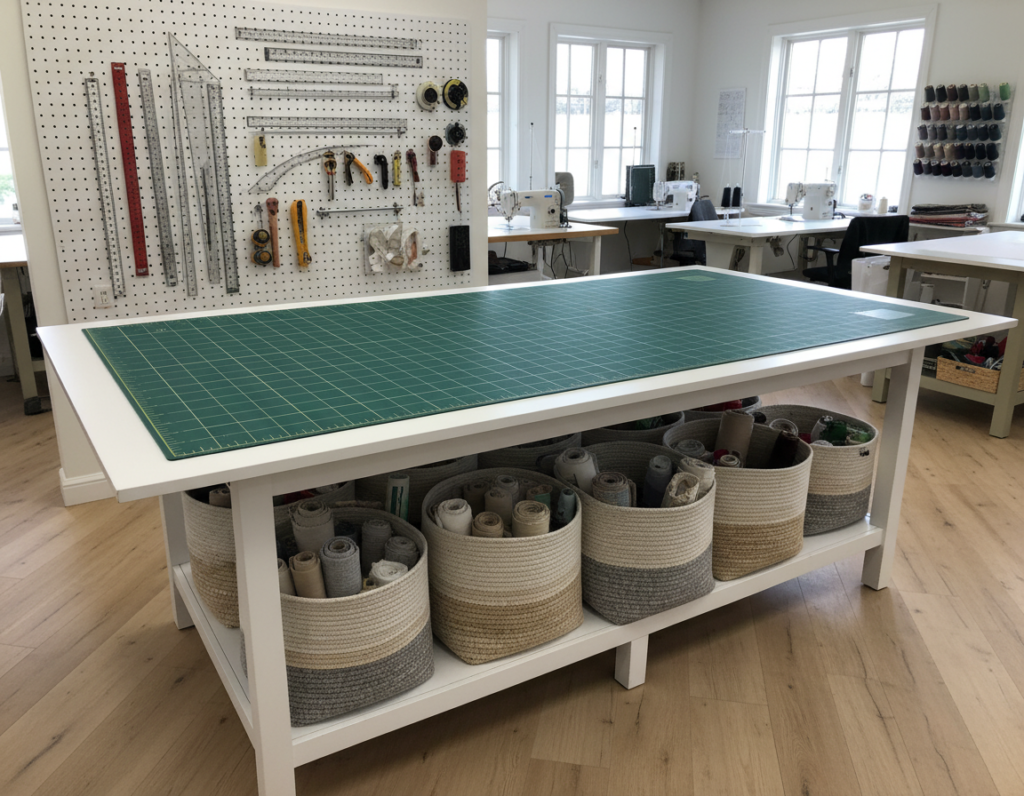 large cutting table at standing height with storage underneath
