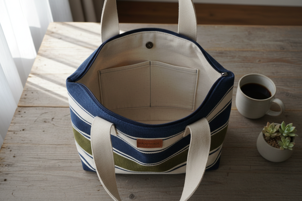 large market bag with long handles made from sturdy fabric