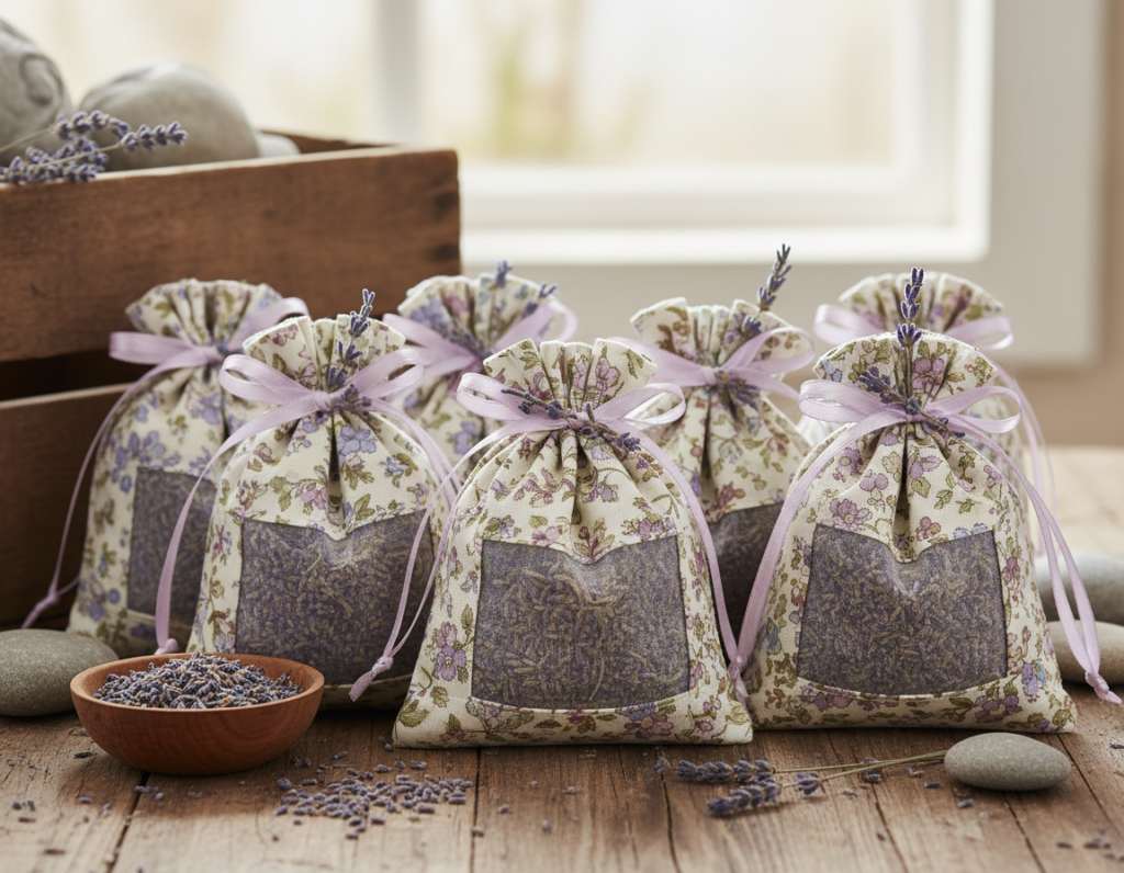 lavender sachets in decorative fabric