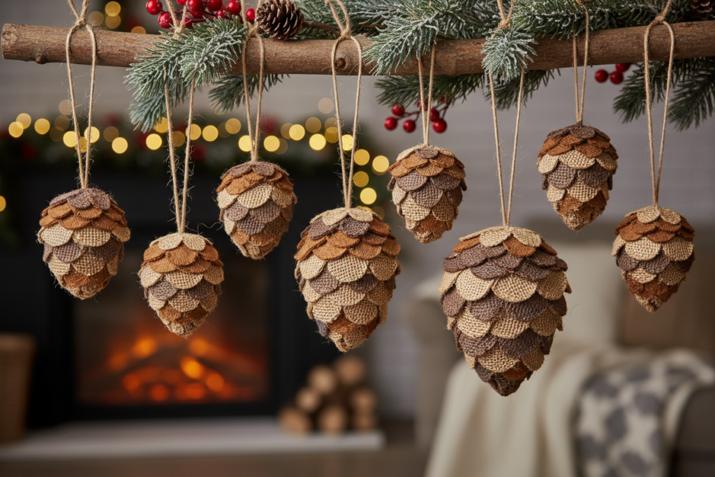 layered fabric pine cone ornaments with realistic texture