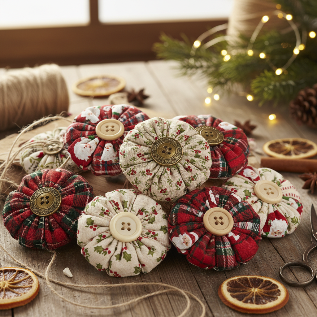 layered fabric yo-yo Christmas ornaments