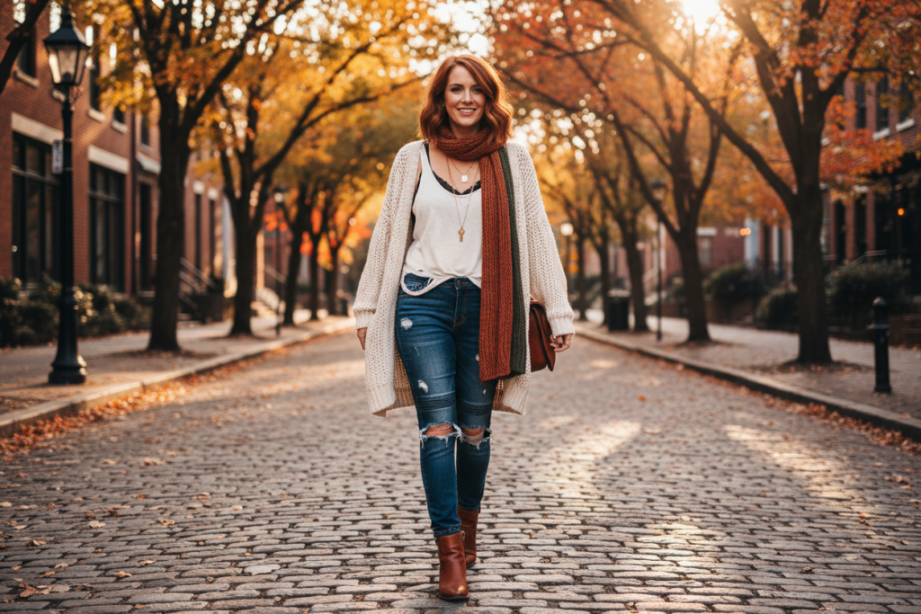 layered outfit featuring custom DIY shirt with cardigan