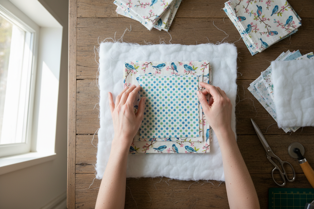 layering fabric and batting for coaster